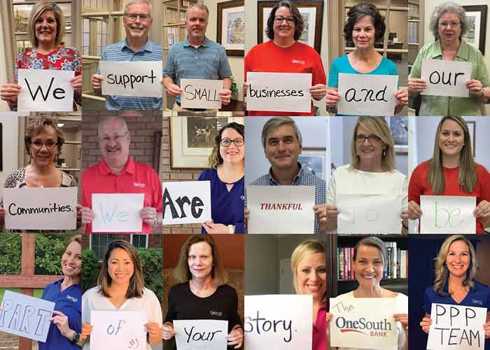 OneSouth Bank employees holding signs that say, "We support small business communities. We are thankful to be part of your story."