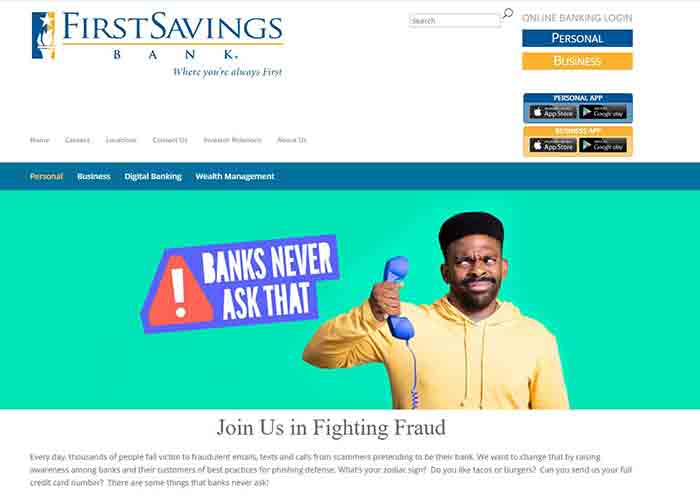 Screengrab FirstSavings Bank website with Banks Never Ask That messaging