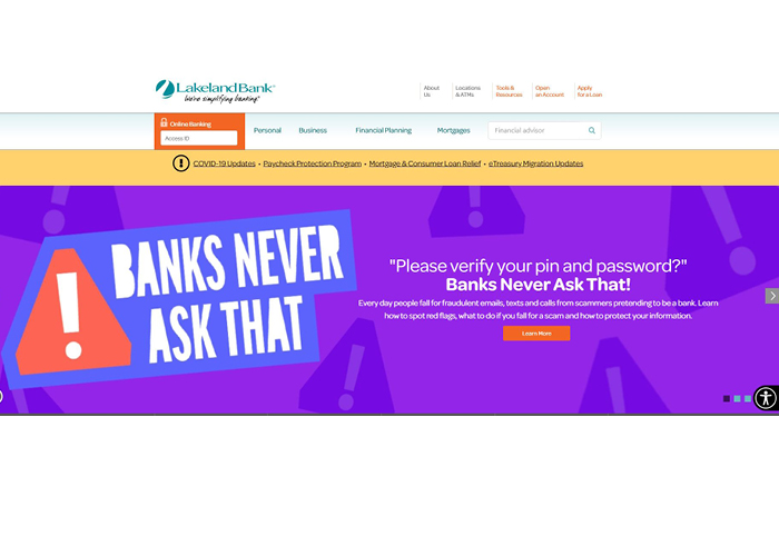 Capture of Lakeland Bank's website with Banks Never Ask That content